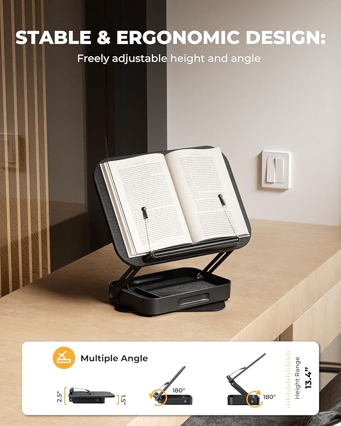 Adjustable Book Stand with Storage Drawer, 360° Rotating Book Holder, Height & Angle Adjustable, Extra-Wide Page Clips for Thick Books, Wood & Aluminum Book Stand for Desk, Study, Kitchen