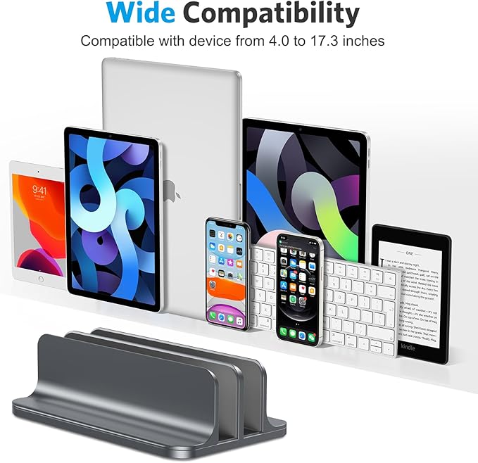 OMOTON Vertical Laptop Stand [Updated Double Version], Desktop Aluminum Mac Book Stand with Adjustable Dock Size, Fits All Mac Book, Surface, Chrome Book and Gaming Laptops (Up to 17.3 inch) (Grey)