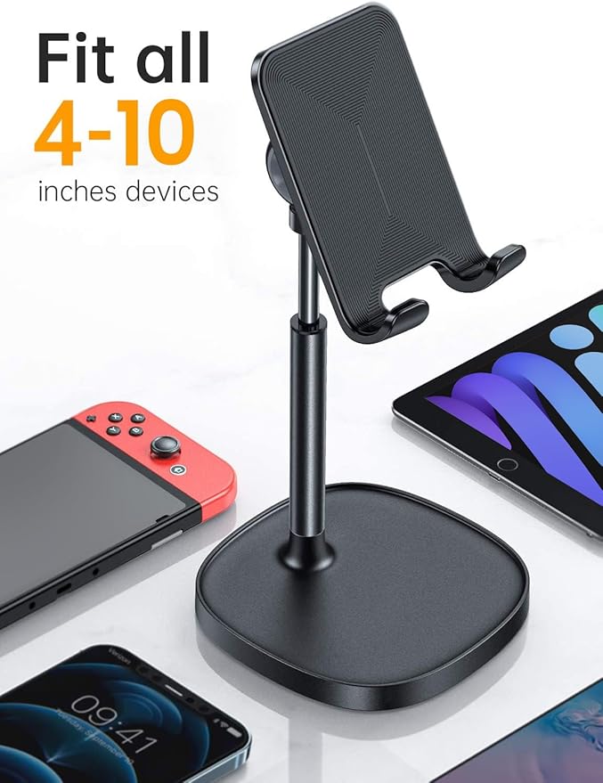 LISEN Cell Phone Stand Adjustable Phone Holer for Desk, Computer Office Desk Accessories for iPhone 16 Holder Women Kitchen Essentials Fits Switch Kindle iPads Tablet 4-10in (Full Black)
