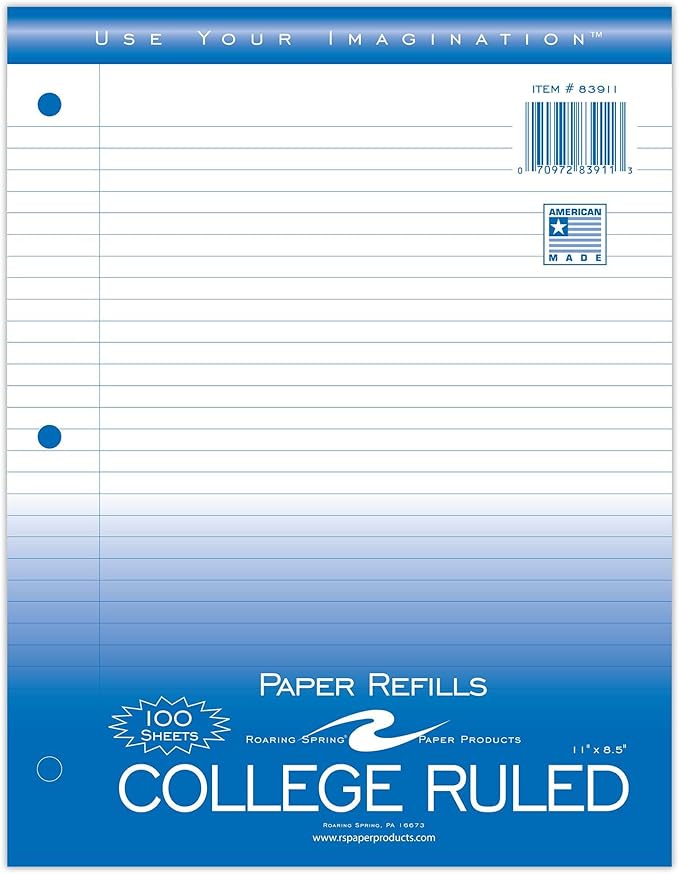 Roaring Spring Loose Leaf Paper, Case of 24 Packs, 100 Sheets Per Pack, 8"x11" White 15# College Ruled Notebook Filler Paper With Margin, 3-hole Punched, Proudly Made in the USA