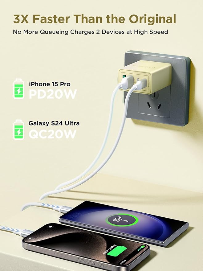USB C Charger Block, 40W 4-Port Fast Charger 20W Type C Charging Block 3.1A USB Wall Charger Dual Port PD+QC Charging Cube for iPhone 16 15 14 13 12 Pro Max XS, iPad, Samsung Phone (Yellow)