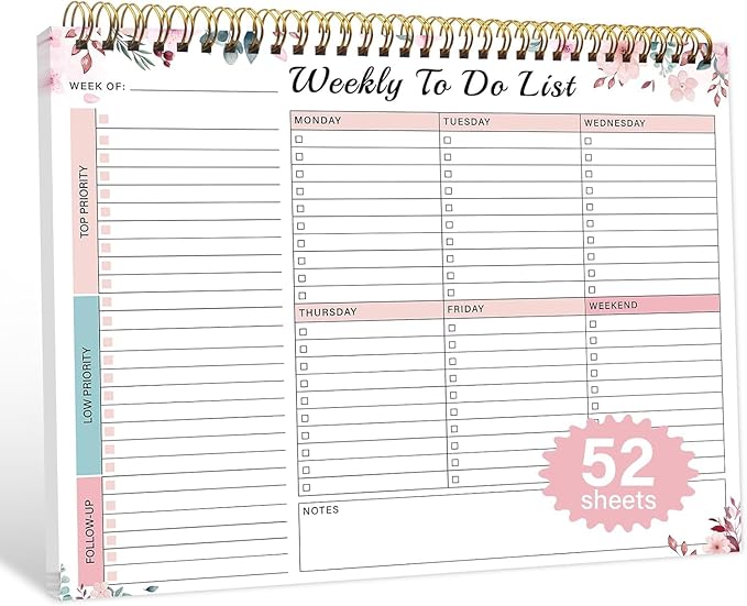 Weekly To Do List Notepad with 52 Undated Sheets（8.5"×11"）- Undated Weekly Desk Planner for Women & Man, School/Office Supplies