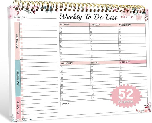 Weekly To Do List Notepad with 52 Undated Sheets（8.5"×11"）- Undated Weekly Desk Planner for Women & Man, School/Office Supplies