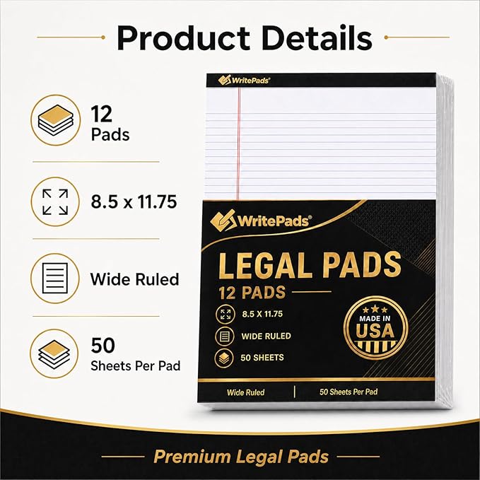 Legal Pads 8.5 x 11.75 Inch Wide Ruled Writing Pads, 12 Pack Note Pads - White Perforated Paper with Hard Back, 50 Sheets Per Pad, No Bleed Paper Notepad for Office, School, Business MADE IN USA