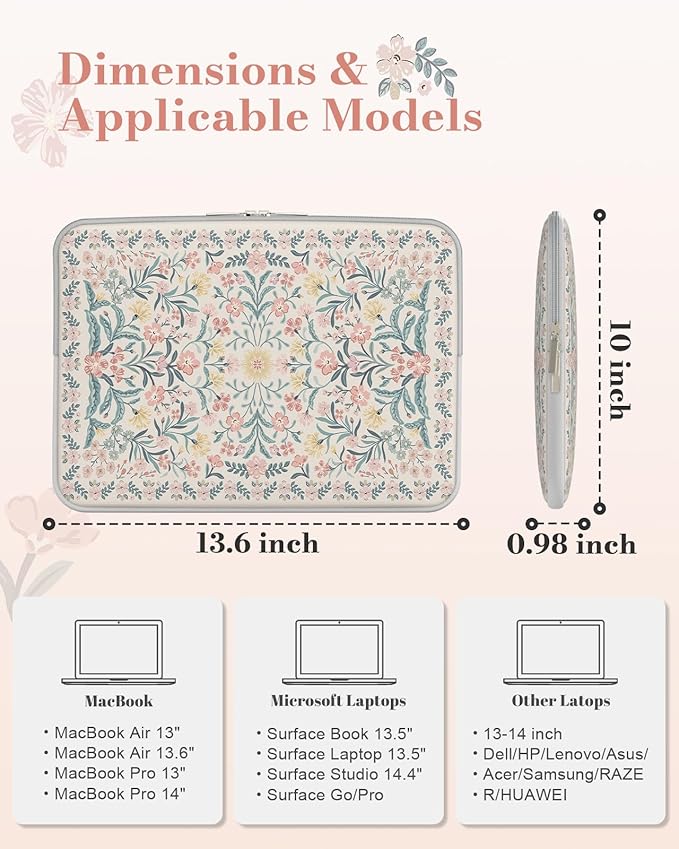iCasso Laptop Sleeve 13 inch for MacBook Air 13-13.6 inch, Vintage MacBook Neo/Pro 13 inch case, Slim Protective Travel Carrying Case for MacBook Pro 14 inch, Chromebook, HP, Pink Boho Floral