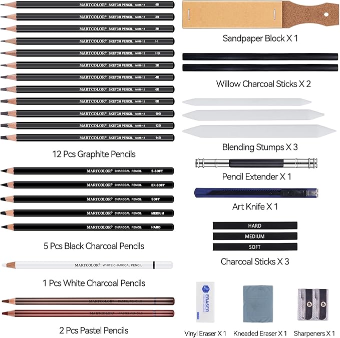 MARTCOLOR Drawing Sketching Pencils Set, 34 Pieces Pro Art Pencil Kit - Graphite Pencils (14B-4H), Charcoal Pencils, Charcoal Sticks, Artist Pencils for Beginners & Pro Artists