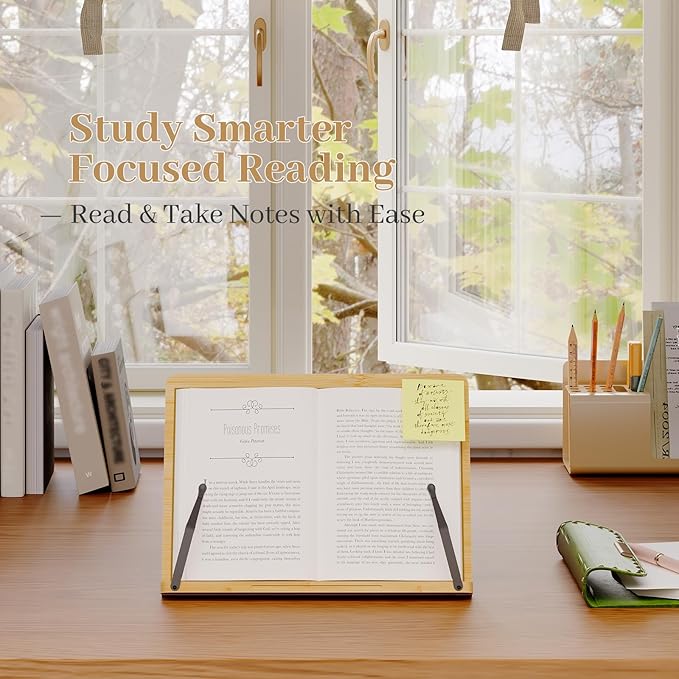Bamboo Book Stand, Adjustable Book Holder, Music Stand - Lightweight and Stable for Cookbook, Textbook, Notebook, Desk Home Office Kitchen (Medium)