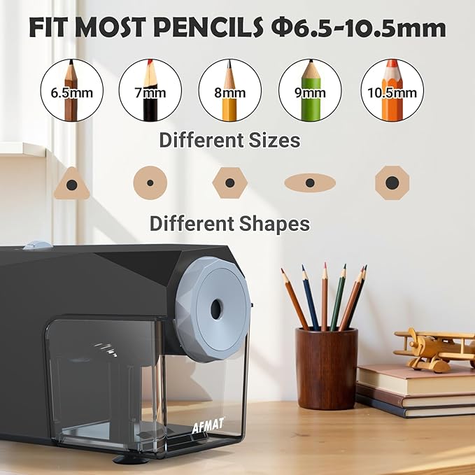 AFMAT Electric Pencil Sharpener, Fast & Hands-Free, 10K+ Uses, 5 Nibs, Fully Automatic Pencil Sharpener for Classroom, Heavy Duty Sharpeners for No.2/Jumbo/Colored Pencils (φ6.5-10.5mm) US Plug(120V)