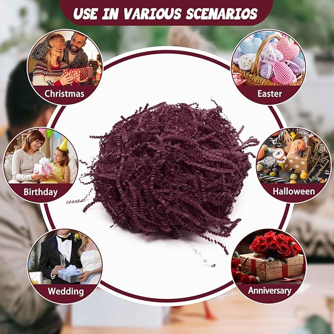 Tisspoms 3LB Burgundy Crinkle Cut Paper Shred Filler, Paper Shreds for Basket Fillers, Birthday, Gift Wrapping, Anniversary, Wedding, Halloween, Thanksgiving, Christmas Gift Decor Party Filler