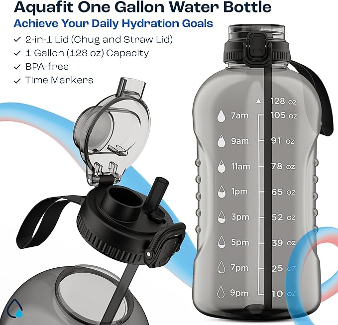 AQUAFIT 128 oz Water Bottle with Time Marker - 2in1 Straw & Chug Lid - BPA Free Big Gym Water Bottle with Strap - Gray