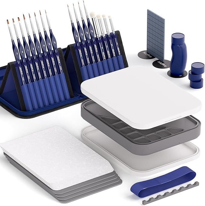 Nicpro Professional Miniature Painting Kit, with Wet Palette, Miniature Painting Handle, 16PCS Detail Paint Brushes Drybrush with Nylon Bag, Pallet Paper, Sponge, Brush Holder Mixing Paint Palette