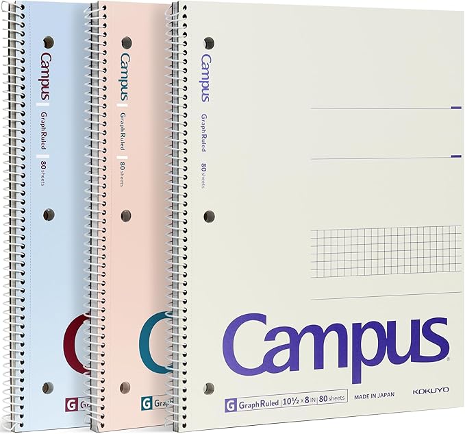 KOKUYO Spiral Notebook with 5x5 Graph Paper, 3 Pack Campus 10-1/2" x 8" Subject Notebooks, 80 Sheets, Light Pink Blue Off-White 3 Holes School Spiral Journal for Study Planner Drawing (WSG-SU-400G4×3) (Paper)