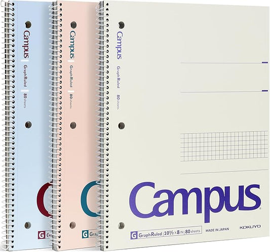 KOKUYO Spiral Notebook with 5x5 Graph Paper, 3 Pack Campus 10-1/2" x 8" Subject Notebooks, 80 Sheets, Light Pink Blue Off-White 3 Holes School Spiral Journal for Study Planner Drawing (WSG-SU-400G4×3) (Paper)