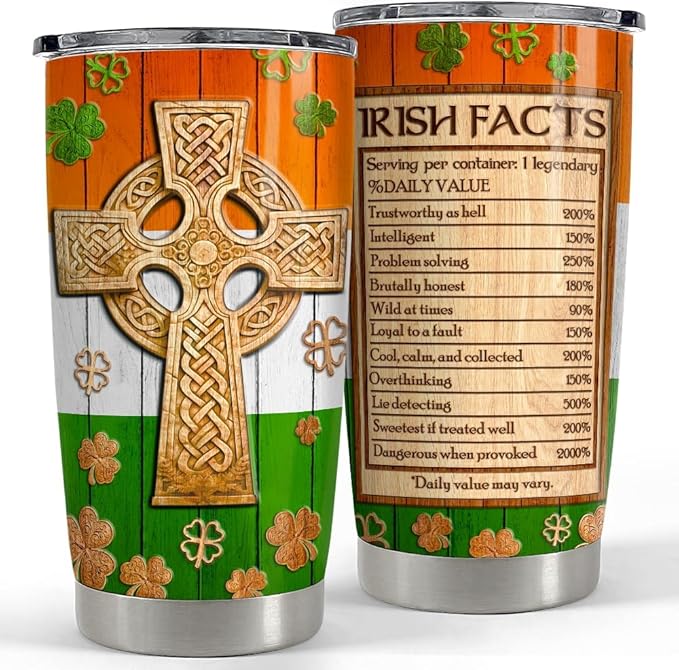 SANDJEST Irish Tumbler 20oz Celtic Cross Irish Fact Stainless Steel Tumbler with Lid Gifts for Women Birthday Christmas