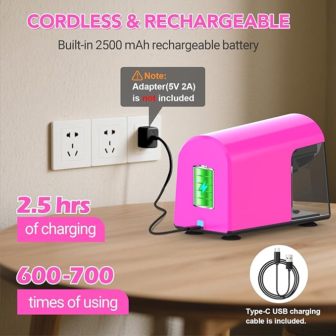 AFMAT Electric Pencil Sharpener for Classroom, 6 Holes, Cordless & Rechargeable, Fast Sharpen, Auto Stop, 10K+ Uses, Heavy Duty Pencil Sharpener for 6-11mm No.2/Large/Colored Pencils PSD2(Pink)