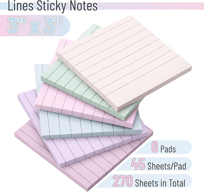 Mr. Pen- Lined Sticky Notes, 3" x 3", 6 Pads, 45 Sheets/Pad, Pastel Color, Sticky Notes with Lines, Ruled Post Stickies, Memo Pads, Self-Stick Note Pad for Office, School, Home, Study
