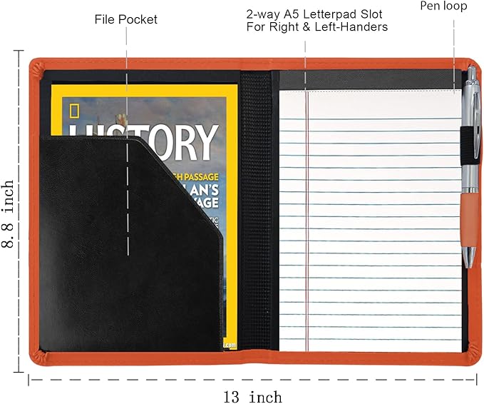 Padfolio/Portfolio Binder, Mini Padfolio Portfolio Binder 5 x 8 Legal Writing Pad, A5 Document Organizer Folder for Men Women.Orange.