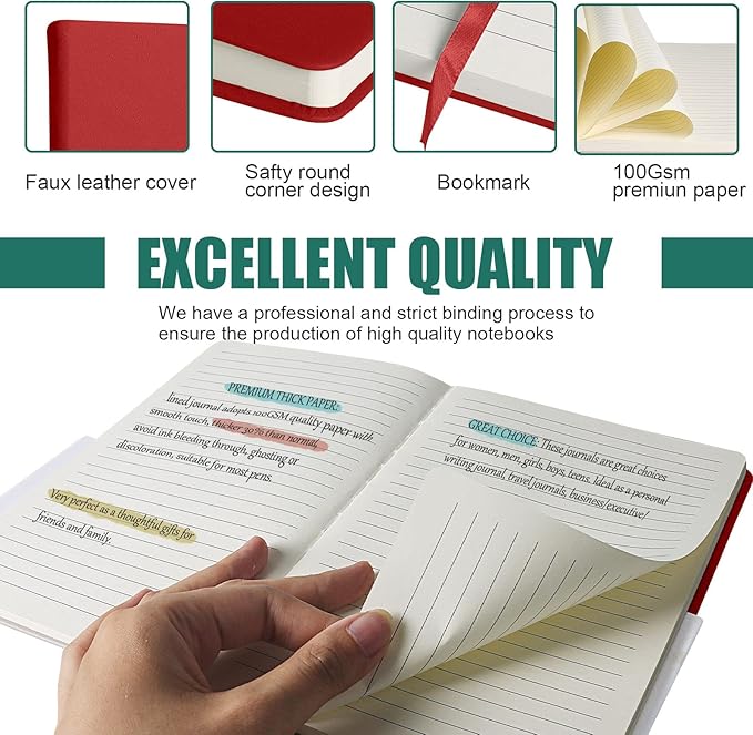 Lined Journal Notebook, 10Pack Hardcover Notebook for Men & Women – Journals for Writing, Work, School, Home & Daily Notes, 160 Pages – Medium A5, 5.7"x8", 100 gsm Thick Paper (Red)