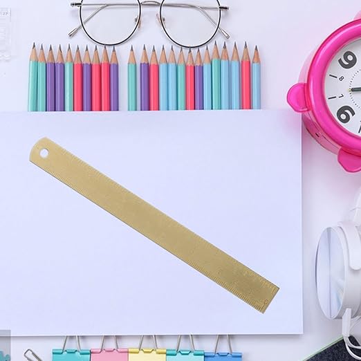 Brass Ruler, Metal Drawing Ruler Gold Straight Unisex Learning Measuring Bookmark Stationery for School Office Math Geometry Drafting Tools and Kits