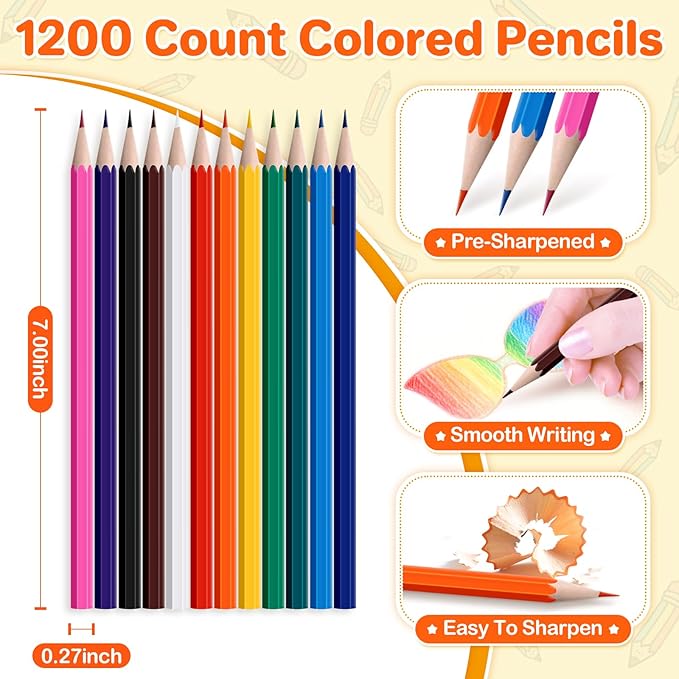 AuroTops 100 Packs Colored Pencils Bulk,1200 Count Pre-Sharpened Colored Pencils in Bulk,Vibrant Colors,12 Color Pencils Set for Classroom Prizes,Back to School Supplies