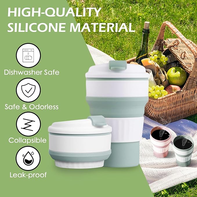 Collapsible Cups for Traveling, Food-Grade Silicone Foldable Cup, 12 oz Collapsible Cup with Lid, Suitable for Outdoor Activities and Travel (2PCS, Green & Pink)