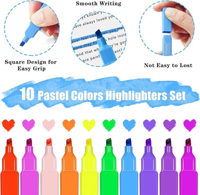 Piochoo Aesthetic Highlighters,10 pcs, Chisel Tip, Vibrant Colors,Pastel Highlighters Assorted Colors, Bulk Highlighte for Bible Journaling Planner Notes School Supplies