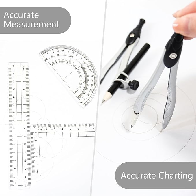 SAYEEC Geometry Set, 10 Pcs Math Protractor Compasses Kit with Ruler, Triangles, Eraser, Sharpener, Lead Refills, Pencil, Storage Box, Drafting Drawing Tools for Architects Engineers Artists