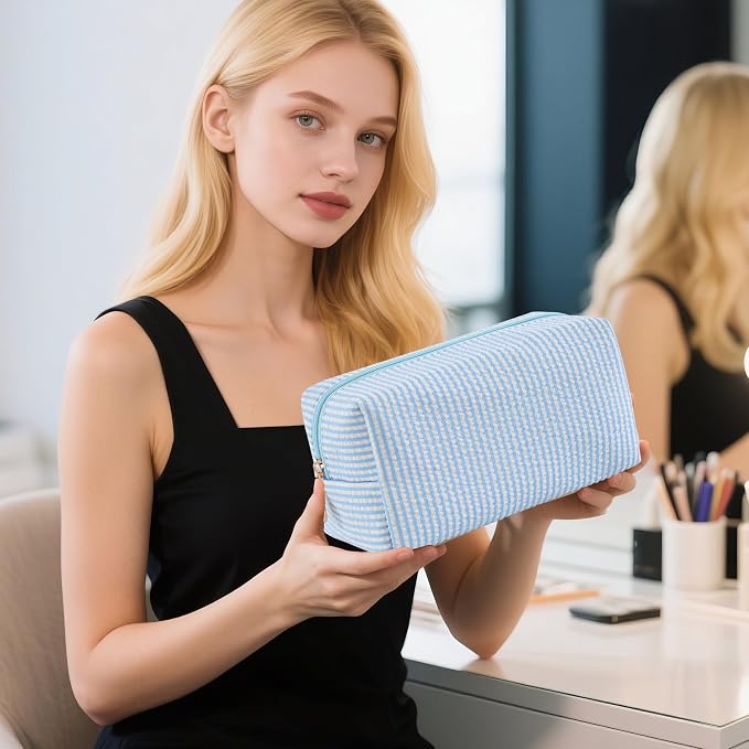 6PCS Makeup Bag Travel Toiletry Bag for Women, Small Cosmetic Bags Cute Blue Stripe Aesthetic Organizer Makeup Pouch for Purse Emergency Bag Pencil Case Accessory Bag