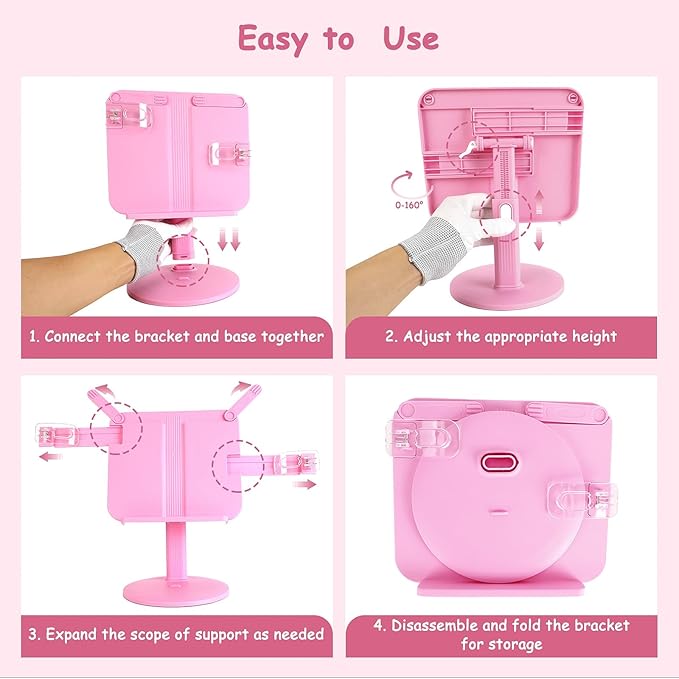 Kids Book Stand, Adjustable Reading Holder, Thick Base, Foldable Reading Stand with Elastic Page Clips, for 8.5"×11" or Smaller, Gift for Children, Pink