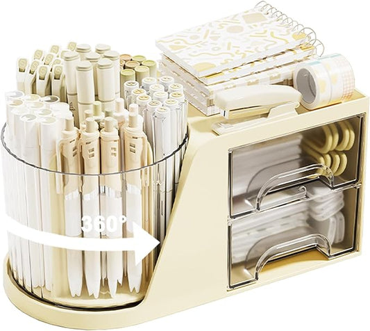SAYEEC Rotating Desk Organizer with 2 Drawer, 6 Slots Multi-Functional Pencil Pen Holder, Desktop Makeup Organizer Stationery Accessories Storage Box Caddy for Office School Home Art Supplies (Beige)