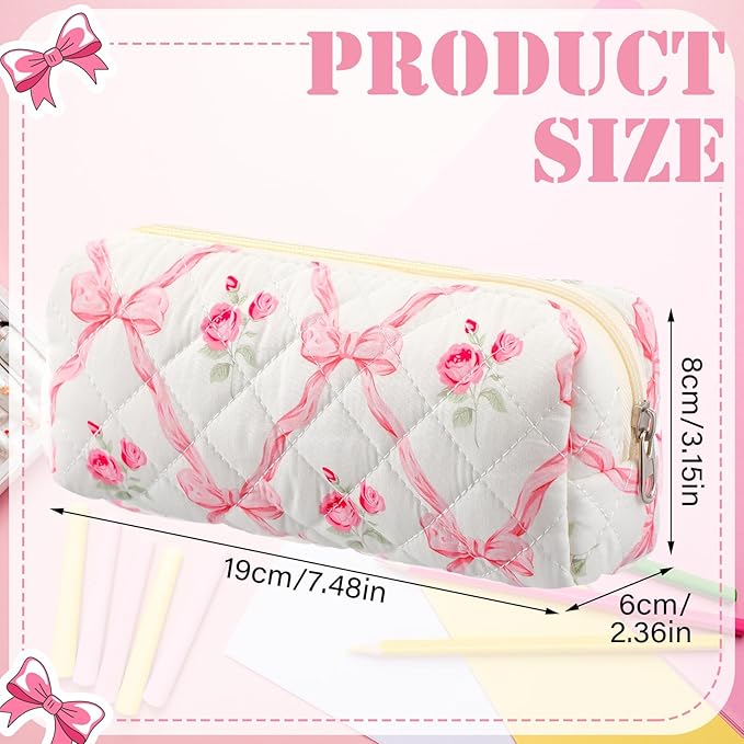 Sherr Coquette Pink Bow Pencil Case Pink Floral Bow Cute Pencil Pouch Soft Cotton Storage Bag Aesthetic Pattern Gift Makeup Pouch Cosmetic Bag for Women Adults