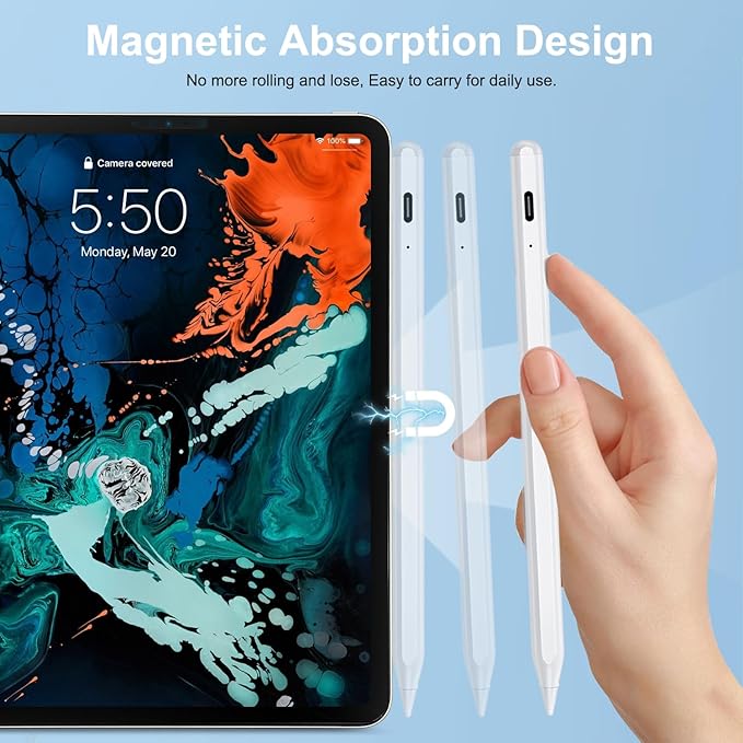 Stylus Pen for iPad Apple: Fast Charge for iPad Pencil Apple Pen with Palm Rejection Tilt Sensitivity - Pen for iPad 10/9/8/7/6, iPad Pro 12.9"/11"/13" M4, iPad mini 6/5, iPad Air 5/4/3/11"-13" M2