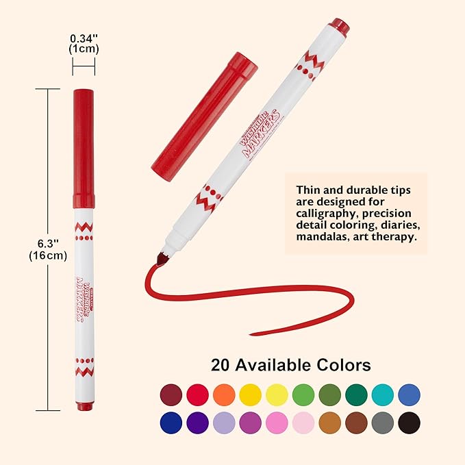 BAZIC Products Washable Markers Super Tip 20 Color, Fine Line Coloring Marker Non Toxic, for Art School Supplies, Drawing Gift (20/Pack), 2-Packs