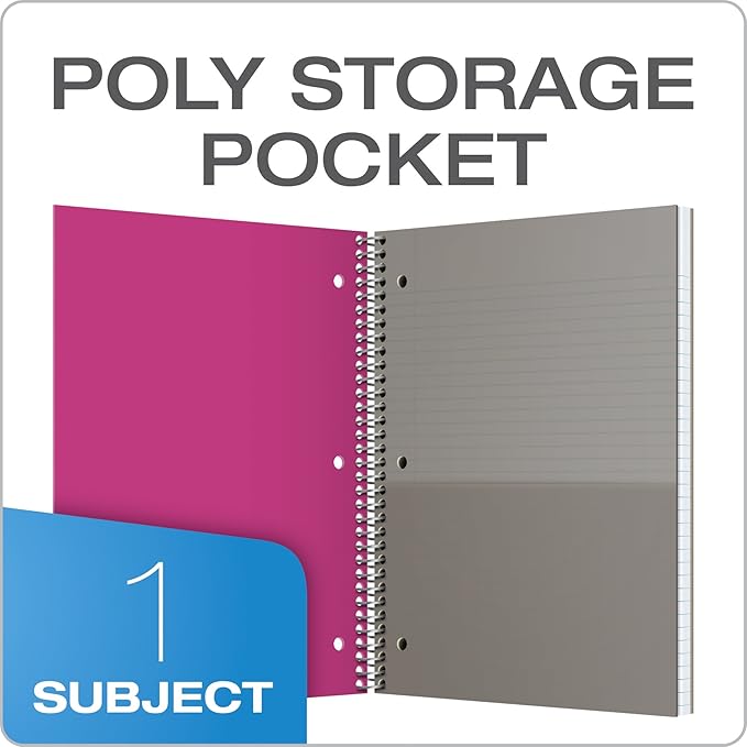 Oxford 1-Subject Poly Notebook, 8.5 x 11 inches, 3-Hole Punch, College Rule, 100 Sheets Per Journal, Durable Poly Storage Pocket, Colors May Vary (10590) (Pack of 12)