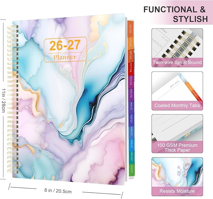 Planner 2026-2027 Weekly and Monthly A4 Size - Agenda 2026-2027 July 2026 - June 2027, A4 Spiral Binding Agenda with Monthly Tabs, Inner Pocket, 100gsm Thick Paper (8.5" x 11")