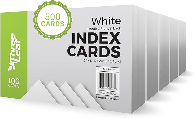 THREE LEAF 3 X 5, INDEX CARDS UNRULED, 500 CT. (100 x 5) WHITE, Blank Flash Cards, Study Card, Memo Pad, For To-Do List, Art And Craft Projects