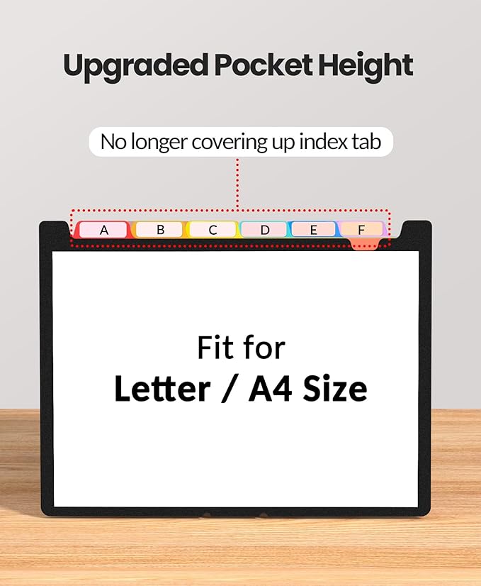 Sooez 26-Pocket Accordion File Organizer, Upgraded Expanding File Folder with Unobstructed A-Z Tabs, Premium Bill Tax Receipt Document Organizer Storage for Letter/A4 Size Paper, School Office & Home