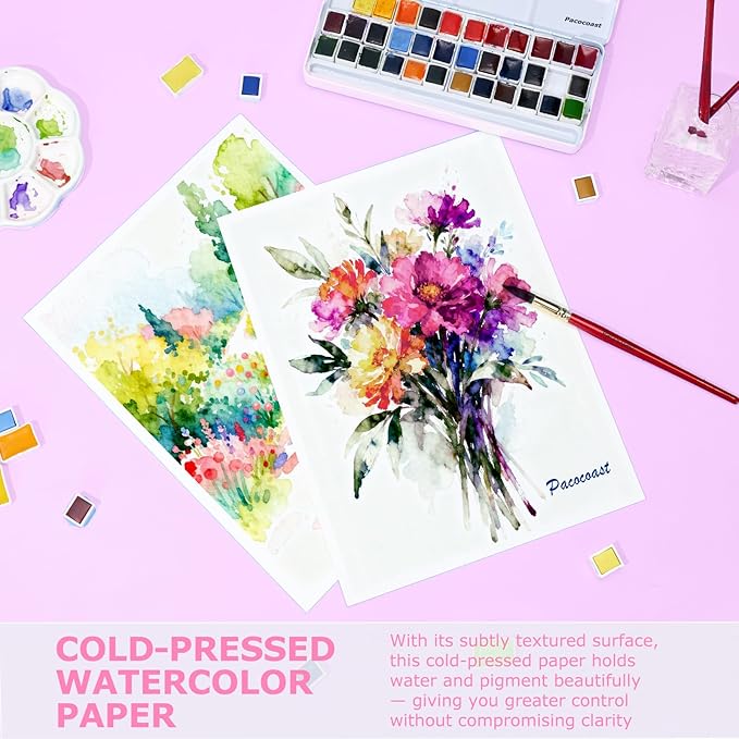 Pacocoast Watercolor Paper, 9"X12" Artist Drawing Paper Pads, (300gsm/140lb) Water Color Sketch Book for Painting, Arts & Crafts Supplies for Adults, Watercolor Journal Notebook, Pink