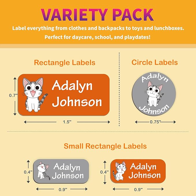 Custom Personalized Name Labels for Kids-(200-1000Labels) Waterproof Name Stickers Tags for School&Daycare,Clothing Tags,Washable&Durable Labels for Lunch Boxes, Bottles,Toys&GEA (Cat)