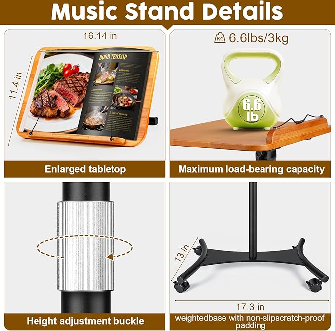 2 in 1 Dual-use Music Stand & Desktop Book Stand, Adjustable Height 16.5"-51", 100% Solid Wood Laptop Floor Stand Book Holder with Elastic Page Clips for Cookbooks, Sheet Music (Brown-Wheeled)