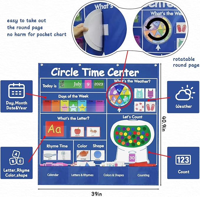 Circle Time Learning Center-Montessori Toy for 3 4 5 Year Old Pocket Chart Calendar Set Learning Calendar Weather,Alphabet,Counting Number,Color,Classroom Calendar Pocket Chart for Homeschool Supplies