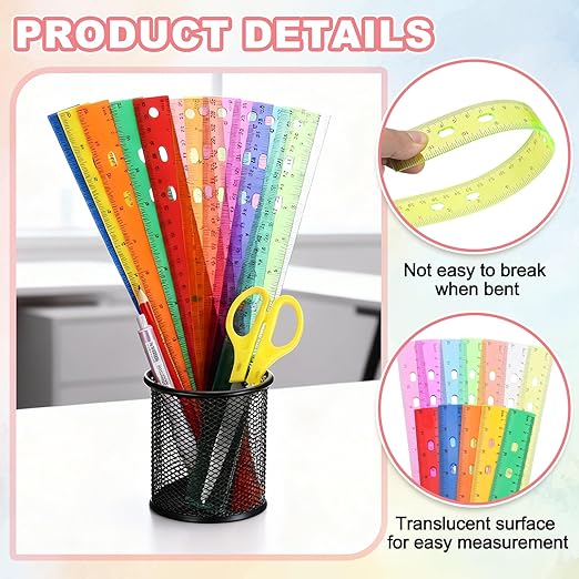 HARFINGTON 12pcs Plastic Rulers 12" (30cm) Clear Straight Ruler Measuring Tool Inches and Centimeters with Hole for Home Office Classrooms Drafting, Clear Yellow