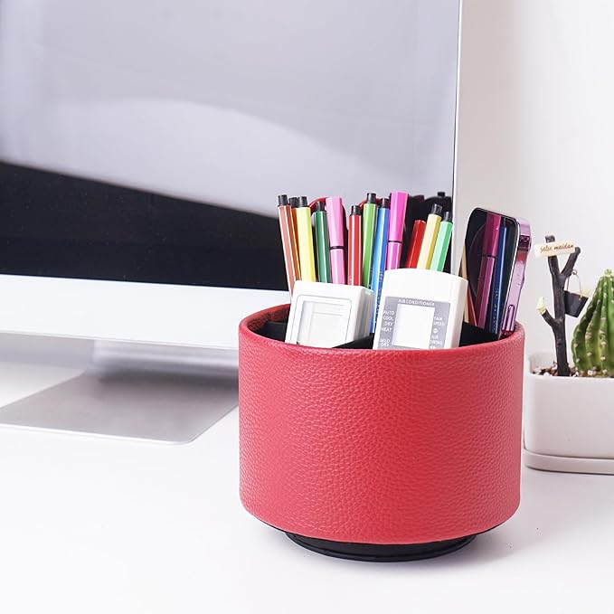 Round Leather Art Supply Organizer,Remote Control Holder,360 Degree Spinning,Multi-Functional Pencil Holder,4 Compartments Desktop Stationary Organizer(1-Lichee Red)