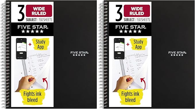 Five Star Spiral Notebook, 3 Subject, Wide Ruled, 8" x 10-1/2" | 150 Sheets | Black | Pack of 2 | Study App