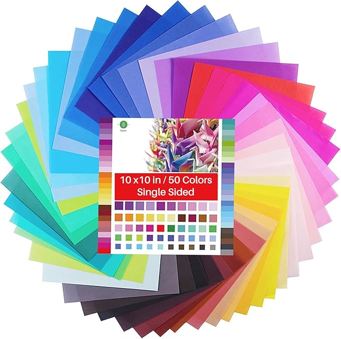 Opret Large Origami Paper 10x10, 50 Vivid Colors, 100 Sheets 10 inch Square Colored Paper, Single Sided Origami for Arts and Crafts Projects, 25x25cm