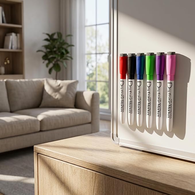 Volcanics Colored Magnetic Dry Erase Markers Fine Tip, Low Odor Whiteboard Markers with Eraser Cap, Dry Erase Pens for Calendar, Refrigerator, School, Office, Home, 6 Assorted Colors, Pack of 6
