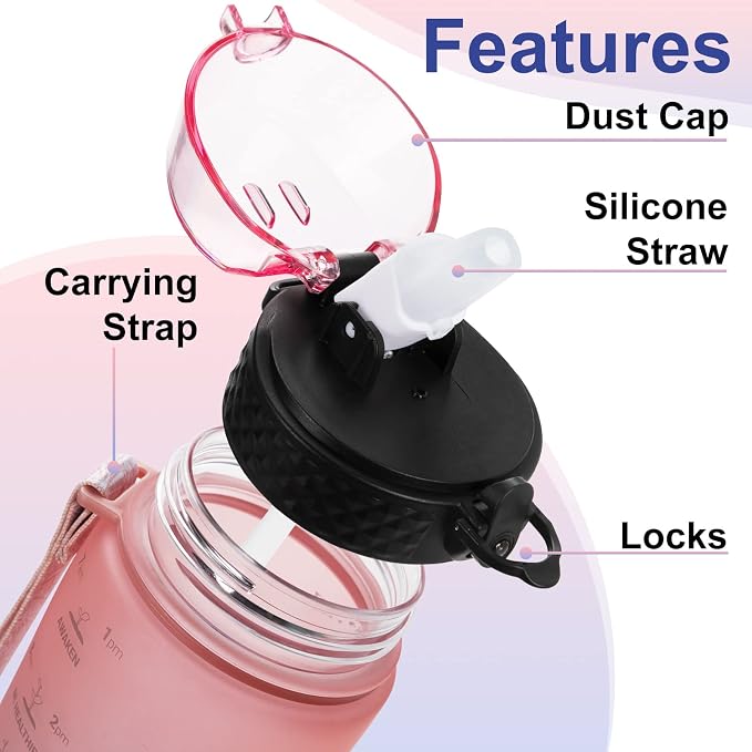 24 OZ Motivational Kids Water Bottle With Time Marker,Straw Lid,Leak Proof, Tritan BPA Free Sports Water Bottle Pink-Blue(1 Lid)