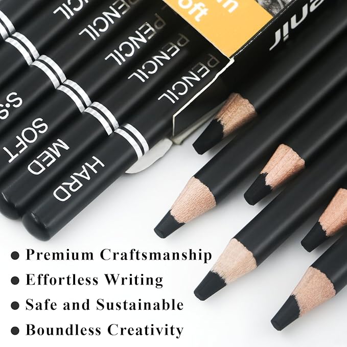 Aenir Charcoal Pencils for drawing, Set of 12, Charcoal Drawing Pencils (S-Soft, Soft, Medium, Hard), Art Supplies for Artist, Sketching, Shading