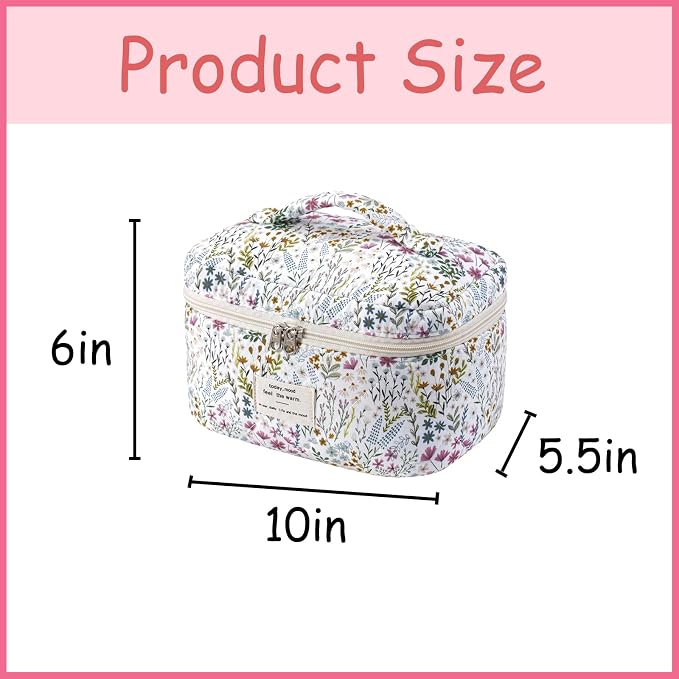 uekeboag Large Travel Quilted Makeup Bag for Women | Soft Floral Cotton Cosmetic Bag, Foldable Coquette Aesthetic Toiletry Organizer