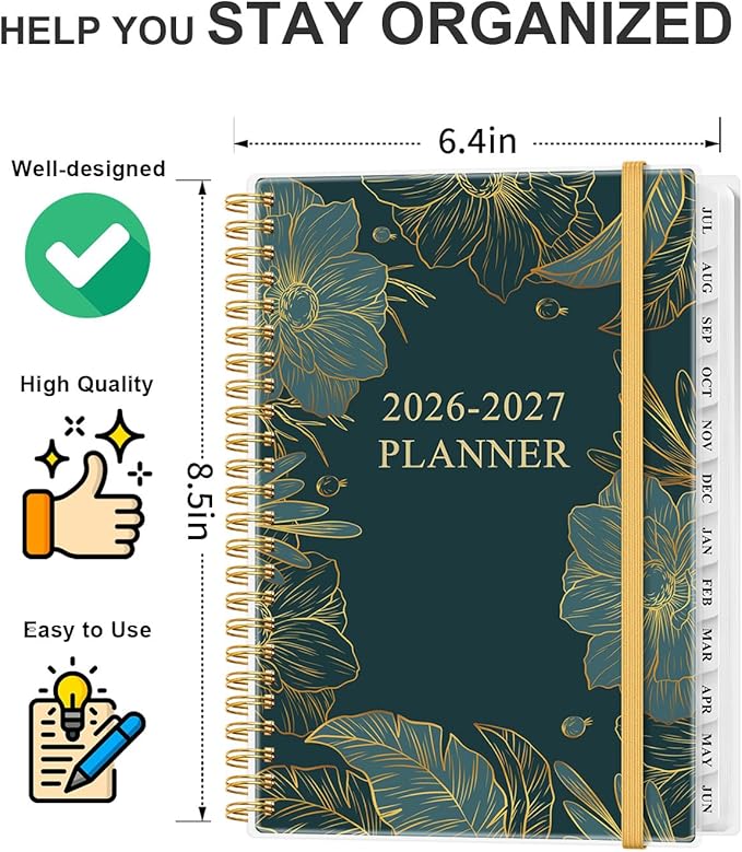 Academic Planner 2026-2027 - Weekly & Monthly Planner from July 2026 to June 2027, Agenda 2026 2027 with Inner Pocket, Elastic Band, 6.4" x 8.5", Green Gold Floral